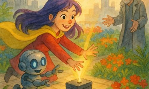 Lila (volwassen vrouw), glimlachend en vastberaden, met lange glanzende paarse haren en een gele zwierige cape, reikt hoopvol naar een klein metalen doosje; Robby, een kleine ronde robot met gepolijst metaal en blauwe LED‑ogen, springt blij naast haar met armen naar het doosje; Dr. Donker (volwassen man) met een verzacht verrast gezicht en lange grijze jas staat iets terughoudend met open handen, berouwvol. Op een hangende daktuin van een wolkenkrabber met felgekleurde bloembedden (rood, oranje, blauw), groene varens en lichte houten paden boven de wolken en gestileerde gebouwen aan de horizon, schakelt Lila een donker klein apparaat uit dat de stad had verduisterd; een gouden zonnestraal doorbreekt de bloemen en verandert de sfeer van duister naar licht, vol kleur en zachtheid.