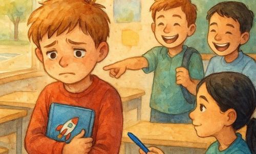 Un niño de 10 años, rostro redondo, cabello castaño claro despeinado, ojos grandes y húmedos, expresión tímida y triste, abraza un estuche azul con una pegatina de cohete contra el pecho; una niña de 10 años (Salma), pelo largo negro en coleta, mirada comprensiva, sentada a su lado ofreciéndole un rotulador; dos niños de 11 años (Darío y Nico) se burlan detrás de él señalando el estuche; aula con mesas de madera clara, patio visible por la ventana, pizarrón verde y carteles en las paredes, luz suave de mañana; momento tenso en el recreo, Lucas guarda en el bolsillo una hoja con un dibujo hiriente mientras Salma le apoya en silencio, composición centrada en la expresión de Lucas, paleta en colores pastel con salpicaduras acuareladas.