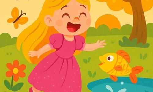 Una princesa alegre, de unos 8 años, con largos cabellos rubios y un vestido rosa brillante, se encuentra al borde de un pequeño charco, riendo con asombro. Sus ojos brillan de curiosidad y emoción. A su lado, un pequeño pez colorido, con escamas doradas y plateadas, salta fuera del agua, como si estuviera jugando al escondite. El jardín mágico está lleno de flores brillantes, de colores vivos, que parecen cantar. Mariposas de alas multicolores bailan en el aire, creando una atmósfera encantada. Al fondo, un gran árbol con ramas doradas brilla bajo el sol poniente, añadiendo un toque de magia a la escena. La princesa, maravillada, se prepara para tocar el pez, pero se resbala ligeramente, lo que la hace reír aún más. La escena irradia una atmósfera alegre y llena de vida, perfecta para capturar el espíritu de un cuento de hadas.