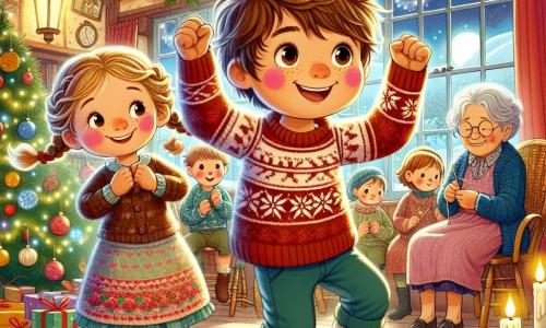 An 8-year-old boy, Toby, with messy brown hair and rosy cheeks, joyfully dances in a cozy room, his eyes shining with happiness and excitement. He wears a red sweater with snowflake patterns and blue pants, his small hands raised to the sky. Next to him, his 6-year-old sister Lucy, with blonde braids and a bright smile, encourages him by clapping her hands, her eyes sparkling with joy. In the background, their grandmother, an elderly woman with silver hair, sits in a wicker chair, knitting with a tender and amused look. The scene takes place in a village hall decorated for Christmas, featuring a large tree adorned with sparkling garlands and colorful baubles, paper garlands hanging on the walls, and a table laden with Christmas treats. The soft candlelight creates a warm and festive atmosphere. Toby and Lucy dance together, surrounded by laughter and joy, celebrating the Christmas spirit with joyful movements while snow gently falls outside, covering the world in a white blanket.