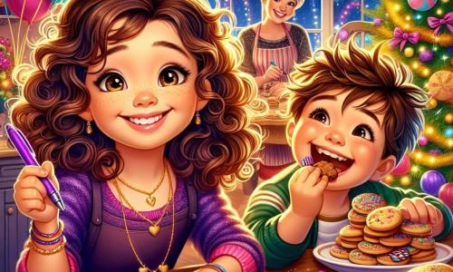 A 12-year-old girl, Maya, with curly brown hair and sparkling curious eyes, is sitting at a wooden table, a big smile on her face. She holds a purple pen and writes in an open notebook, surrounded by glittering decorations and colorful garlands. Next to her, her 6-year-old brother Max, with messy blonde hair and chocolate-covered cheeks, is trying to steal a cookie from the plate, laughing mischievously. Their mom, a smiling woman in her thirties with her hair in a bun, is in the kitchen decorating cookies with colorful icing while casting a loving glance at her children. The setting is a cozy living room filled with twinkling lights and multicolored balloons, with a large decorated Christmas tree in one corner. Golden and silver garlands hang from the ceiling, creating a festive atmosphere. The main scene shows Maya, full of enthusiasm, thinking about her New Year's resolutions, surrounded by her joyful family, ready to celebrate together.