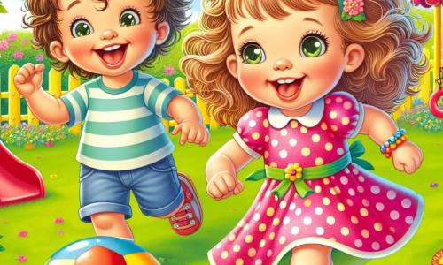 Uma menina de 2 anos, Sofia, com cabelos cacheados e olhos brilhantes, sorri alegremente enquanto corre atrás de uma bola colorida em um gramado verde. Ela usa um vestido rosa com bolinhas brancas e sandálias amarelas. Ao lado dela, Lucas, um menino de 3 anos com cabelos castanhos bagunçados e uma camiseta azul, ri enquanto tenta driblar a bola, com os braços levantados em sinal de vitória. Eles estão em um parque ensolarado, cercados por árvores verdes e flores coloridas, com um escorregador vermelho e um balanço ao fundo. A cena mostra Sofia e Lucas brincando juntos, correndo e rindo, cheios de energia e alegria, enquanto a bola quica alegremente no chão.