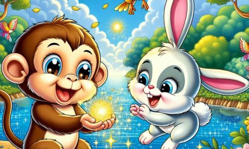 Um macaco alegre chamado Tito, com pelagem castanho-clara e olhos brilhantes de curiosidade, está à beira de um lago mágico, sorrindo amplamente enquanto segura uma pepita de luz nas mãos. Ao seu lado, uma pequena coelhinha travessa, Lili, com grandes orelhas brancas e olhos brilhantes, salta de alegria, com as patas traseiras levantadas no ar. Ao fundo, um pássaro colorido, Pipo, com penas vermelhas e amarelas, voa sobre o lago, cantando alegremente. O lago brilha sob o sol, cercado por árvores de folhas verdes vibrantes e flores multicoloridas que dançam ao vento. A cena emana uma atmosfera de magia e amizade, enquanto Tito e seus amigos se preparam para mergulhar na aventura em busca da pepita perdida.
