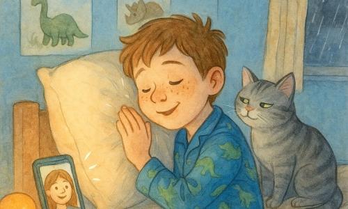 Un băiat de 12 ani cu față rotundă și pistrui, în pijama albastră cu dinozauri, stă pe marginea patului și pune urechea la o pernă mare crem, zâmbind; motanul adult Cico, gri cu dungi și ochi verzi pe jumătate închiși, stă lângă plapumă și privește protector, iar prietena Daria apare zâmbitoare pe ecranul telefonului de pe noptieră ținând o farfurioară cu biscuiți; camera mică și caldă are pereți bleu pal, ghirlandă de lumini galbene, veioză cu lumină portocalie, postere cu dinozauri, covor bej și fereastră cu ploaie nocturnă, scena e tandră și amuzantă la culcare, cu lumină blândă, compoziție centrată pe băiat, pernă și pisică, paletă pastelată și texturi delicate.