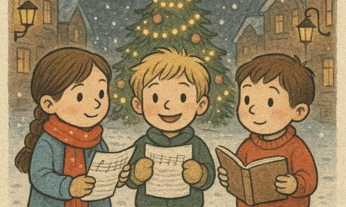 There are three children: Mia, 6, brown braided hair, red scarf with small stars, light blue coat, holding a folded song page in her left hand and standing on the left with a reassuring look; Leo, 6, tousled blond hair, beige bear mittens, green boots, centered, smiling and showing the torn page to the audience; Finn, 6, chestnut hair, rosy cheeks, slightly oversized red sweater, on the right holding the open songbook and looking at the others with regained shyness. They stand together, arm in arm, by a large illuminated Christmas tree on a snowy village square at night with warm lantern light, brick houses and frosted windows in the background, footprints and falling flakes visible. The scene shows the children returning the missing song page, warm and joyful expressions, soft garland light on their faces, printed-on-newspaper impression style with slightly faded colors and grainy texture.