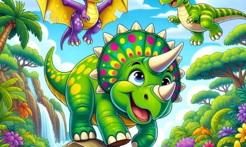 Ein Triceratops namens Tommy, mit grüner Haut und gelben Flecken sowie drei großen bunten Hörnern, drückt große Freude aus, während er in der Luft fliegt, seine Augen funkeln vor Aufregung. Neben ihm fliegt Lila, ein kleiner Flugsaurier mit lila Flügeln und einem strahlenden Lächeln, und ermutigt die anderen Dinosaurier unten. Benny, ein großer Brachiosaurus mit langem Hals und braunen Schuppen, steht am Boden bereit zu helfen, mit einem entschlossenen Ausdruck im Gesicht. Die Szene spielt in einer wunderschönen Lichtung im Dschungel, umgeben von bunten Blumen, großen grünen Bäumen und einem strahlend blauen Himmel. Tommy und seine Freunde bereiten sich darauf vor, den anderen Dinosauriern zu helfen, indem sie einen riesigen Felsen beiseite räumen, der den Fluss blockiert, was den Geist der Hilfsbereitschaft und Freundschaft veranschaulicht.
