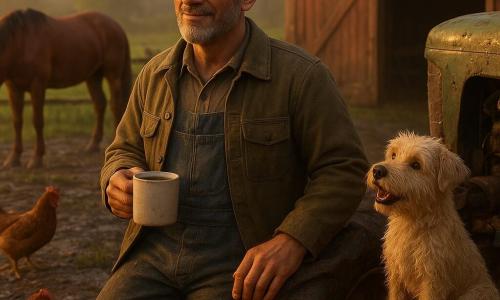 A fifty-something farmer with a sun-weathered face and short salt-and-pepper beard in dirty work clothes (olive canvas jacket, blue overalls) holds a cup of tea and rests a hand on a slightly muddy tractor while a small wheaten terrier wags its tail on a hay bale to his right, an old chestnut horse stands by a wooden fence at the left chewing grass, red hens peck the wet ground by the porch, and behind them a worn wooden fence and large red barn with an ajar door border a muddy field at dusk with golden damp light and rain reflections—the farmer surveys the land after rain, preparing his tools and smiling softly in a quiet, comforting moment.