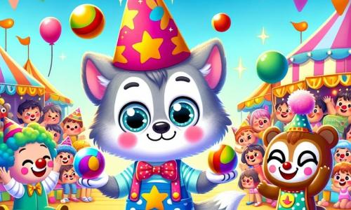 In the center of the image, a small wolf named Wally, with gray fur and bright eyes, wears a large starry party hat. He has a radiant smile and rosy cheeks, juggling two colorful balls with a focused yet joyful expression. To his right, a cheerful clown with a red nose and multicolored hair laughs and claps for Wally, his eyes sparkling with good humor. On the left, a friendly bear in a polka-dot apron holds a large shiny candy apple, smiling warmly at Wally. The backdrop is a lively carnival filled with colorful stalls, string lights, and balloons floating in a clear blue sky. Children laugh and dance around, creating a festive and joyful atmosphere. The main scene shows Wally juggling, surrounded by his new friends, all celebrating together in the magic of the carnival with bursts of laughter and vibrant colors.