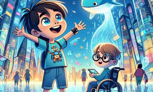 Dois personagens principais estão presentes: 1. Pedro, um menino de 9 anos, com cabelos castanhos bagunçados e olhos cheios de curiosidade. Ele usa uma camiseta colorida com estampas de robôs e um short de jeans, está no centro da imagem, com os braços abertos, maravilhado com o que vê. 2. Lucas, também um menino de 9 anos, com cabelos loiros e óculos redondos que lhe conferem um ar inteligente. Ele está sentado em uma cadeira de rodas flutuante, controlando um pequeno dispositivo em seu pulso, com um sorriso entusiasmado no rosto. Ele está ligeiramente à direita de Pedro, olhando para um holograma de uma baleia que nada no ar. O cenário é o Centro de Descobertas Interativas de Luminópolis, uma cidade futurista. Torres de vidro cintilante se erguem ao redor, refletindo cores vibrantes sob o sol. Drones voam acima, e telas holográficas exibem imagens de tecnologias avançadas. O chão é pavimentado com placas luminosas que mudam de cor a cada passo. A cena principal mostra Pedro e Lucas, maravilhados, observando um holograma gigante de uma baleia azul que nada graciosamente no ar, enquanto crianças ao redor se divertem programando robôs e construindo cidades em miniatura. A atmosfera é alegre e cheia de descobertas, ilustrando a empolgação da exploração em um mundo futurista.