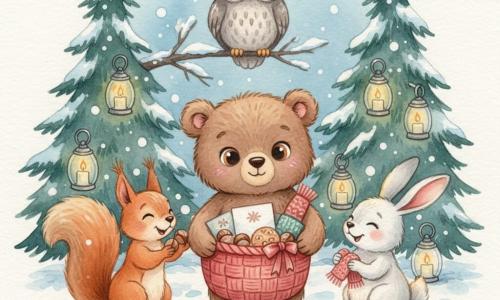 Een knuffelbruin beertje (hoofdpersonage) met ronde kastanjebruine ogen en een zachte glimlach staat in het midden met een grote rode gevlochten mand met lint; links legt een rood eekhoorntje met puntige oren hazelnoten in de mand, rechts zit een wit konijn met lange verlegen oren en een kleine gebreide sjaal die het aanbiedt, blij en ontroerd; een oude grijze uil zit hoog op een tak achter het beertje en kijkt vriendelijk met glanzende knoopachtige ogen; het is een besneeemde open plek bij schemering in een dennenbos versierd met glazen lantaarns en kaarsen in potjes, er dwarrelen vlokken, en de dieren verzamelen zich rond het beertje dat de mand vol simpele cadeaus (sjaals, koekjes, kaarten) opent — warme kaarsenlichting tegen de koude blauwe sneeuw, intieme kerst- en deelsfeer.
