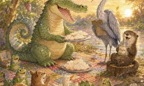 A large green crocodile with a cream belly and faintly iridescent scales sits on a patchwork blanket, smiling with its mouth open in warm laughter, wearing a tilted small hat and a perfectly curled tail, serving cloud-shaped cookies; Madame Heron, tall and slender with gray feathers and round glasses, stands by the water laughing with a clipboard to her chest, a playful otter on a nearby stump holds a jar labeled Maybe and smiles, while frogs, a squirrel and a goose clap and laugh as silver fish splash; the bright, muddy riverbank has a broad-leaved banana tree to the left, floating water lilies with stacked porcelain cups, colorful dishes and falling leaves in warm late-afternoon light, creating a joyful, slightly chaotic picnic with wobbling cups and a feather drifting on the water.
