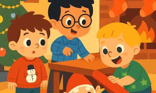 Er zijn 4 personages: Milo: een 3-jarig jongetje met rommelig bruin haar en sprankelende ogen. Hij draagt een rode trui met een sneeuwpop en staat rechtop, nieuwsgierig kijkend naar de doos onder de tafel. Finn: een 3-jarig jongetje met blond haar en roze wangen. Hij draagt een groene t-shirt met sterren en zit op zijn hurken, met een grote glimlach aan de deksel van de doos te trekken. Sam: een 3-jarig jongetje met zwart haar en ronde bril. Hij draagt een blauw geruit shirt en staat naast Milo, enthousiast naar de doos te wijzen. De ondeugende elf: een klein magisch figuur met een grote rode punt op zijn hoofd en een witte baard. Hij verstopt zich achter de tafel, zachtjes lachend met ondeugende ogen. De locatie is een gezellige woonkamer versierd voor Kerstmis. Een grote kerstboom schittert op de achtergrond, versierd met gouden slingers en gekleurde ballen. Lichten knipperen zachtjes en de geur van gemberkoekjes hangt in de lucht. Een zacht tapijt ligt op de vloer en kerstkousen hangen aan de open haard. De belangrijkste situatie toont de jongens die de mysterieuze doos onder de tafel ontdekken, ongeduldig en nieuwsgierig naar wat erin zit, terwijl de ondeugende elf hen lachend observeert, klaar om een nieuwe grap uit te halen.