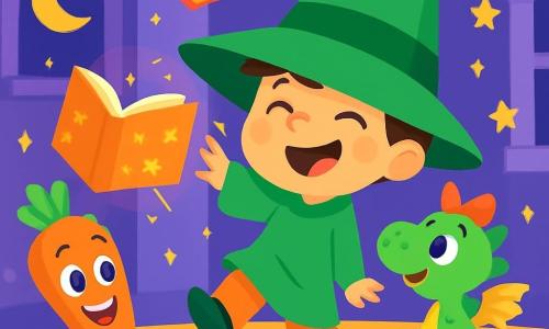 Un joven aprendiz de mago llamado Nico, un niño de cuatro años, lleva un gran sombrero puntiagudo verde que le cubre los ojos. Tiene una sonrisa brillante y mejillas rosadas, y salta de alegría sosteniendo un libro mágico que cobra vida en sus manos. A su lado, un pequeño dragón verde con un bonito lazo rojo en la cabeza, que parece curioso y alegre, busca su zapato girando la cabeza. Un helado de zanahoria, con ojos chispeantes y una gran sonrisa, se desliza por el suelo haciendo piruetas. La escena tiene lugar en una colorida escuela de magia, con paredes moradas adornadas con estrellas doradas y ventanas en forma de luna. Libros voladores flotan a su alrededor, y destellos de luz brillan en el aire. Nico, el dragón y el helado se divierten juntos, riendo mientras bailan y juegan, creando una atmósfera alegre y mágica.