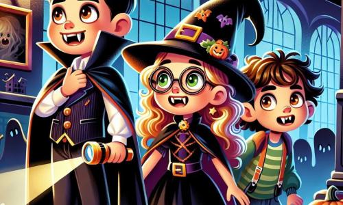 Un niño de 10 años, Miguel, está en el centro de la escena, vestido con un disfraz de vampiro con una capa negra y colmillos brillantes. Su rostro refleja emoción y aventura, con ojos llenos de curiosidad. A su lado, Carla, una niña de 10 años con cabello rizado y gafas redondas, observa con asombro una pintura misteriosa en la pared. Ella lleva un disfraz de bruja, con un sombrero puntiagudo y un vestido negro decorado con telarañas. Un poco más atrás, Tomás, un niño de 10 años con cabello castaño desordenado, sostiene una linterna y examina las sombras, mostrando una expresión nerviosa pero decidida. El lugar es un viejo gimnasio transformado en casa embrujada, con paredes oscuras decoradas con telarañas, calabazas sonrientes y luces tenues que crean una atmósfera misteriosa. Ruidos extraños resuenan en el aire, añadiendo intriga. La escena principal muestra a Miguel, Carla y Tomás descubriendo una puerta secreta, con expresiones de sorpresa y emoción. Están a punto de entrar en una habitación oscura, iluminada por velas titilantes, donde les espera un antiguo espejo ornamentado, prometiendo una aventura inolvidable.