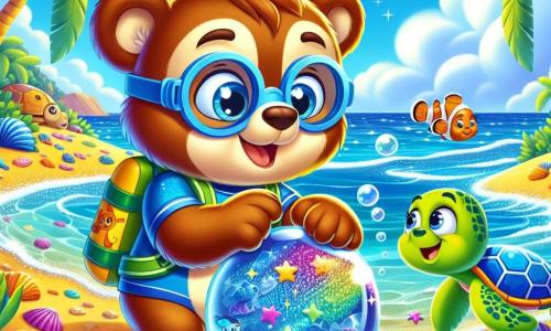 Oso Brando, un joven oso pardo con grandes gafas redondas y un traje de buceo azul, observa asombrado una esfera de cristal azul brillante que sostiene con sus patas. Sus ojos brillan de curiosidad y emoción mientras está en la orilla, rodeado de conchas coloridas y pequeñas olas que acarician la arena dorada. Junto a él, una tortuga marina sonriente, con un caparazón verde decorado con patrones coloridos, nada alegremente en el agua clara. Un pequeño pez payaso, de colores vivos, hace piruetas alrededor de la tortuga, añadiendo dinamismo a la escena. El lugar es una playa soleada, con palmeras meciéndose suavemente al viento y un cielo azul brillante. Oso Brando descubre la esfera misteriosa y se prepara para sumergirse en el océano para resolver el secreto que encierra, rodeado de sus nuevos amigos marinos que lo animan en su aventura.