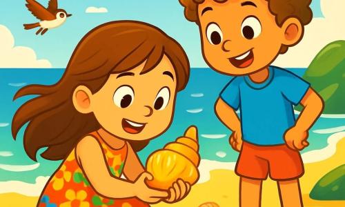 Una niña de 6 años llamada Lucía está en la playa, con los ojos brillantes de curiosidad y emoción. Tiene el cabello largo y castaño que flota al viento y lleva un vestido colorido con flores. Lucía está agachada, examinando una concha dorada que encontró en la arena, con una gran sonrisa en su rostro. A su lado, su amigo Carlos, un niño de 7 años con cabello rizado y piel bronceada, observa maravillado la concha. Lleva una camiseta azul y un pantalón corto rojo, y está de pie con las manos en las caderas, listo para explorar más. Al fondo, la playa está iluminada con luz dorada, con suaves olas rompiendo en la orilla. Hay rocas cubiertas de algas cercanas, y el cielo es de un azul brillante con algunas nubes blancas. La escena principal muestra a Lucía y Carlos descubriendo un tesoro escondido en la playa, rodeados de conchas de colores y pequeños pájaros volando alegremente sobre ellos. La atmósfera está llena de aventura y magia, con una sensación de descubrimiento y amistad.