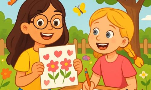 Een 10-jarig meisje, Noor, met lange bruine haren en ronde brillen, glimlacht vrolijk terwijl ze een gekleurd papier vasthoudt met tekeningen van bloemen en harten. Ze draagt een felgele t-shirt en een stippenrok, zittend aan een houten tafel in een zonnige tuin. Naast haar kijkt haar beste vriendin Mila, ook 10 jaar, met blonde vlechten en een roze jurk, naar Noor met sprankelende ogen, terwijl ze een potlood in haar hand houdt. De tuin is gevuld met kleurrijke bloemen, fladderende vlinders en een grote boom met helder groen loof die schaduw biedt. Op de achtergrond is een houten omheining te zien en liggen er speelgoedjes verspreid over het gras. Noor en Mila bespreken enthousiast hun plan om een vriendschapsclub op te richten, omringd door een vrolijke en heldere sfeer, klaar om hun ideeën te delen en andere vrienden uit te nodigen.