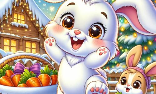 Un adorabile coniglietto di nome Bubi, con un pelo morbido e bianco come la neve, esprime una grande gioia saltando di felicità davanti a un grande cesto pieno di carote e regali colorati. I suoi occhi brillano di eccitazione e il suo sorriso illumina il suo viso. Accanto a lui, una piccola coniglietta di nome Lella, con orecchie lunghe e macchie marroni sul pelo, guarda Bubi con meraviglia, i suoi occhi scintillanti di felicità mentre tiene una carota tra le zampe. Lo sfondo è un incantevole villaggio innevato, con case di legno dai tetti coperti di neve scintillante, luci colorate che brillano e un cielo stellato che aggiunge un tocco magico alla scena. La situazione principale mostra Bubi e i suoi amici conigli riuniti attorno al cesto, condividendo risate e regali, celebrando insieme la magia del Natale in un'atmosfera calorosa e festosa.