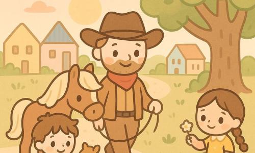 Een glimlachende, rustige cowboy met rond, kort baardje, zachte blauwe ogen, brede bruine hoed, rode sjaal en lichtbruine leren jas houdt zacht een hoofdstel vast en loopt langzaam naar het dorp; links staat een ongeveer 8‑jarige jongen met warrig kastanjebruin haar en verwonderde glimlach die de hand van een mini veulen vasthoudt bij de hoeven van het paard; rechts zit een ongeveer 6‑jarig meisje met gele bloemenjurk en bruine vlechten aan de voet van een oude eik, bewonderend kijkend en een klein bloemetje reikend; het paard is groot, glanzend alezaan met crèmekleurige manen, rustige ogen en duidelijke hoeven en loopt zacht waarbij een lichte gouden stofwolk optrekt; het dorp is een open plek met pastelkleurige houten huisjes, een zanderig pad, groene grasplukjes en wilde bloemen en een grote eik in het midden; het is zonsondergang met gouden laag licht, lange schaduwen en een roze‑oranje hemel; scène warm en geruststellend — de cowboy brengt de paarden naar het dorp om de bewoners te beschermen, met zachte gebaren, kindersmiles, warme kleuren en ronde vormen, centrering op de ontmoeting tussen man, kinderen en paard.