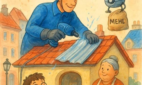 Ein großer, lächelnder und konzentrierter Mann — Kapitän Kobalt — in glänzend blauer Jacke, silbernem Helm mit kleinem Stern und magnetischen Handschuhen befestigt leichte Metallstreifen auf einem roten Dach mit „Super-Schrauben“, die kleine blaue Funken sprühen; unten an der Bäckerei steht die rundliche, warme Bäckerin Frau Kringel (etwa 50) mit grauem Dutt und hält ein goldenes Brötchen, ein etwa sechjähriger Junge mit braunen Haaren und runder Brille hebt auf dem Bürgersteig staunend die Hand; rechts vom Kapitän schwebt ein leicht zitternder, runder Lieferdrohne mit einem Mehlsack; die Szene spielt in einer bunten Stadt mit rot-blauen Ziegeldächern, schmiedeeisernen Laternen und pastellfarbenen Fassaden bei lachsfarbenem Abendhimmel — der Held repariert ruhig das Dach (blaue Lichtbänder, aquarellartige Windtropfen, präzise beruhigende Gesten), die Nachbarschaft schaut zu und fühlt sich sicher.