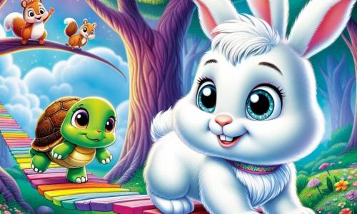 Al centro dell'immagine, Bianchino, un giovane coniglio dai peli bianchi brillanti e con grandi occhi blu pieni di curiosità, si trova su un ponte colorato sospeso tra gli alberi. Ha un'espressione determinata, pronto a fare il grande salto. A destra, Tarta, una piccola tartaruga con il guscio verde e occhi dolci, guarda Bianchino con ammirazione e un leggero sorriso, mentre si tiene saldamente sulle sue zampe. A sinistra, Pino, uno scoiattolo dai peli marroni e dalla coda folta, salta di eccitazione, con gli occhi brillanti di gioia, pronto a incoraggiare il suo amico. Lo scenario è una foresta incantata, con alberi maestosi e foglie di un verde brillante, mentre fiori colorati punteggiano il terreno. Il ponte, fatto di nuvole colorate, oscilla dolcemente sopra un vuoto pieno di luce soffusa e scintillante. La scena principale mostra Bianchino sul punto di attraversare il ponte, sfidando la paura, mentre i suoi amici lo incoraggiano con entusiasmo, creando un'atmosfera di avventura e amicizia.