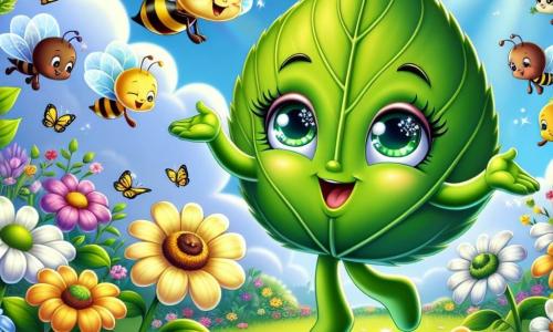 In the center of the image, Lila, a shiny green leaf with sparkling eyes and a joyful smile, dances in a gentle breeze, her arms outstretched as if to embrace the world. She is surrounded by colorful flowers, her delicate veins shimmering in the sunlight. To her right, a group of yellow and white daisies, with smiling faces, leans towards Lila, their petals vibrating with excitement as they listen attentively. To her left, a buzzing bee with black and yellow stripes joyfully flies around her, its translucent wings glistening in the light, ready to help. The setting is a lush garden filled with vibrant flowers, green bushes, and a clear blue sky dotted with fluffy white clouds. Colorful butterflies dance around the flowers, adding a touch of magic to the scene. The main activity shows Lila and her friends cleaning the garden, picking up litter and planting new flowers, all united in a joyful effort to make their environment more beautiful and welcoming for birds and butterflies.
