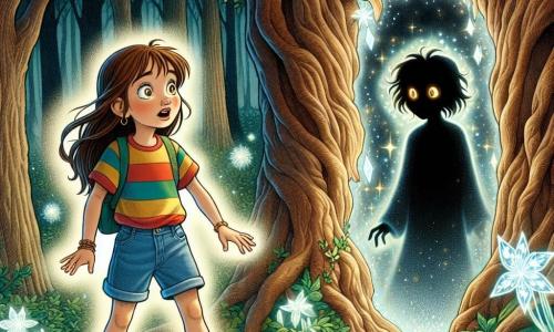 Una ragazza di 8 anni, Lucia, si trova accanto a un grande albero secolare, con gli occhi brillanti di curiosità ed eccitazione. Ha lunghi capelli castani, una maglietta colorata e pantaloni corti di jeans, e osserva con meraviglia un'ombra misteriosa che si profila davanti a lei. Accanto a lei, Tenebris, un personaggio fantastico con una silhouette sfocata e occhi scintillanti, fluttua leggermente sopra il suolo. Ha un aspetto etereo, con contorni scuri e riflessi luminosi, e sorride dolcemente a Lucia, incoraggiandola ad avanzare. Il luogo è una foresta fitta, con alberi dai tronchi nodosi e foglie di un verde brillante, mentre cristalli scintillanti emergono dal suolo, illuminando l'ambiente con un bagliore magico. Fiori luminescenti circondano il sentiero, creando un'atmosfera incantevole e leggermente misteriosa. La scena principale mostra Lucia esitante all'ingresso di un tunnel di luce che si apre davanti a lei, mentre Tenebris la invita a seguirlo, creando un momento di tensione mescolato a eccitazione e mistero.