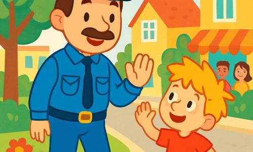 Un poliziotto di nome Marco, sorridente e benevolo, indossa una divisa blu brillante. Ha i capelli castani e un sottile baffo, e si trova in piedi con una postura amichevole, tendendo la mano per salutare un bambino. Accanto a lui, un ragazzo di 8 anni di nome Luca, con i capelli biondi disordinati e una maglietta rossa, guarda Marco con ammirazione, gli occhi spalancati, alzando la mano per salutare a sua volta. La scena si svolge in una strada animata della città, fiancheggiata da case colorate e piccoli negozi. Alberi verdi e fiori vivaci aggiungono vita all'ambiente. Marco e Luca camminano insieme, discutendo allegramente, mentre i passanti li guardano sorridendo, creando un'atmosfera di sicurezza e amicizia.