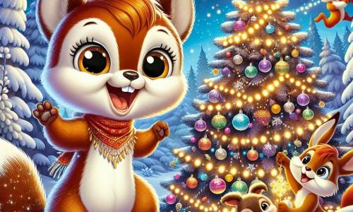 Nutty, un piccolo scoiattolo dagli occhi scintillanti e dal pelo marrone, è al centro dell'immagine, saltellando di gioia davanti a un grande albero di Natale decorato con luci brillanti e palline colorate. Sorride ampiamente, con le piccole zampe sollevate in aria, traboccante di eccitazione. Alla sua destra, Felix, una volpe astuta con un pelo arancione vivo e una coda folta, guarda Nutty con un sorriso complice, tenendo una ghirlanda di foglie dorate tra le zampe. A sinistra, Binky, un adorabile coniglio con grandi orecchie bianche, sta posizionando una stella brillante sulla cima dell'albero, con gli occhi spalancati per lo stupore. La scena si svolge in una foresta incantata, dove fiocchi di neve cadono dolcemente, coprendo il terreno con un manto bianco scintillante. Gli alberi maestosi sono ornati di brina scintillante e stelle brillano nel cielo notturno, creando un'atmosfera magica. La situazione principale mostra Nutty e i suoi amici mentre celebrano la magia del Natale, circondati da decorazioni colorate, in un'atmosfera gioiosa e festiva, pronti a condividere risate e momenti indimenticabili.