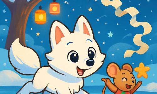 A small snow fox named Pippin, with bright white fur and round, shiny eyes, joyfully runs on the ice of a frozen pond, his face beaming with excitement and determination. Next to him, a little mouse named Tilly, wearing a colorful patchwork coat and sparkling eyes, jumps for joy, holding a sugar star in her paws. In the background, a majestic oak tree covered in sparkling frost stands by the pond, while colorful lanterns light up the scene, creating a festive atmosphere. The main focus shows Pippin chasing a long stream of paper wishes flying in the wind, surrounded by a soft moonlight and a joyful celebration ambiance, with snowflakes gently falling.