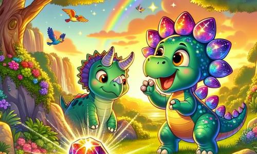 Spike, a young stegosaurus with brightly colored plates like rainbows, expresses great joy and wonder as he touches a magical meteorite shimmering with iridescent light. Beside him, Trudy, a cheerful triceratops with heart-shaped horns and green skin, looks at Spike with wide eyes, fascinated by the magic around them. The setting is in a lush valley bathed in the golden light of the setting sun, with majestic trees and vibrant flowers dancing in the breeze. The scene exudes an atmosphere of magic and adventure, with colorful birds flying in the sky. The main situation shows Spike and Trudy discovering the fallen meteorite, surrounded by a sparkling aura of light, ready to embark on an incredible adventure together.