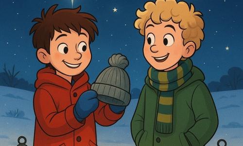 There are two main characters: Jonah, an almost 11-year-old boy with a mischievous smile, tousled brown hair, and cheeks rosy from the cold, wearing a bright red coat and blue mittens, stands on the snow holding a woolen hat in his hand. Ben, an almost 11-year-old boy with a serious expression and curly blond hair, wearing a green coat and a striped scarf, is next to Jonah, his eyes shining with relief and joy. The setting is a snowy field under a starry night sky, with a soft silver moonlight illuminating the landscape. Glass lanterns with flickering candles are placed on the ground, creating a warm and magical atmosphere. The main situation shows Jonah and Ben standing side by side, looking at a woolen hat they have just retrieved, with expressions of triumph and camaraderie. Their silhouettes are surrounded by the gentle glow of the lanterns, and above them, a bright star twinkles in the sky, adding a touch of magic to the winter scene.