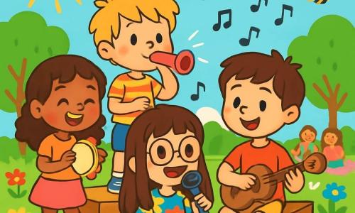 There are 4 children: - Lily: an 8-year-old girl with long brown hair and round glasses, wearing a colorful flower dress, sitting on the grass holding a plastic microphone. - Jake: an 8-year-old boy with messy blonde hair and a striped t-shirt, standing next to Lily blowing into a shiny whistle that makes a buzzing sound. - Mia: a 7-year-old girl with curly hair and a pink skirt, smiling while playing a tambourine, slightly behind and to the left of Jake. - Sam: a 9-year-old boy with brown hair, sitting on the grass to the right of Lily, playing a cheerful melody on a wooden ukulele. The scene takes place in Jake's sunny garden filled with colorful flowers and green trees, with an improvised stage made of wooden crates, surrounded by families sitting on picnic blankets, laughing and smiling. The main situation shows the children playing their song 