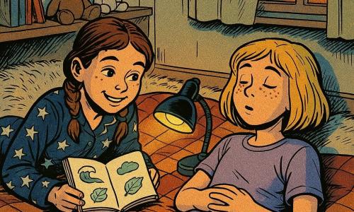 Two 11-year-old girls: a brunette with mid-length hair in loose braids, fair skin, wearing navy star-patterned pajamas, lying on the left of the plaid holding a small open notebook and smiling calmly at the lamp; a blonde with a bob and freckles wearing a lavender comfy T‑shirt, lying on the right with hands on her belly and eyes half-closed as if drifting to sleep. Warm children's bedroom with a cream wall and warm bulb garland, a low shelf with plush toys and books, a window with sheer curtains letting orange streetlight glow, and a faux-fur rug under the plaid. They lie side by side on a large checkered blanket for an intimate nightlight moment: a small desk lamp in the center casts soft yellow light, the open notebook shows three simple drawings (wave, leaf, cloud), tight composition, soft tones and low contrast evoking nighttime serenity.