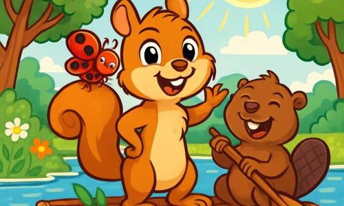 A young squirrel named Sammy, with sparkling eyes and golden-brown fur, stands on a raft made of branches and leaves, wearing a wide smile of excitement. He is surrounded by a joyful atmosphere, with sunlight illuminating his face. Next to him, Benny the beaver, with dark brown fur and a flat tail, laughs happily while holding a wooden paddle, ready to row. On Sammy's shoulder, Lily the ladybug, with her red wings and black spots, flutters joyfully, her eyes shining with curiosity. The scene takes place on a sparkling lake, bordered by colorful wildflowers and tall green trees, with birds singing in the branches. Sammy and his friends are getting ready to navigate the lake, surrounded by laughter and a summery vibe, prepared for a day of adventure and discovery.