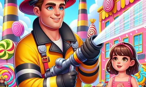 A brave firefighter in his thirties wears a shiny red helmet and a large yellow jacket. His face is smiling and determined, with sparkling eyes of confidence. He holds a long fire hose, ready to extinguish the flames. Next to him, a 7-year-old girl with brown hair watches in awe. She wears a pink dress and sandals, her eyes wide open, fascinated by the firefighter's work. In the background, the scene takes place in front of a candy factory, with colorful pink and yellow walls and chimneys emitting black smoke. Giant candies decorate the garden, adding a playful touch to the environment. The main situation shows the firefighter directing a powerful stream of water at a small fire crackling near the entrance of the factory, while the little girl, safe, admires the firefighter's courage, surrounded by her friends who cheer her on.