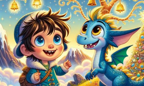 Um garoto de 6 anos, chamado Tomás, com grandes olhos brilhantes e cabelos castanhos bagunçados, sorri com admiração. Ele usa um pequeno chapéu azul adornado com uma estrela dourada e um casaco colorido. Ao seu lado, um dragãozinho azul, do tamanho de um pequeno cachorro, com escamas cintilantes e olhos brilhantes de alegria, está prestes a voar. Eles estão no topo de uma majestosa montanha, cercada por nuvens suaves e douradas, com uma vista panorâmica de uma floresta mágica abaixo. A montanha é salpicada de flores vibrantes e pedras brilhantes, enquanto uma brisa suave faz as folhas das árvores dançarem. A cena principal mostra Tomás e Pipo, o dragão, descobrindo uma magnífica árvore mágica com ramos carregados de sinos dourados que tilintam suavemente ao vento, iluminando seus rostos de admiração e curiosidade.