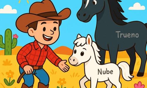 Un vaquero de unos 30 años, con un gran sombrero marrón, botas de cuero y una camisa de cuadros rojos, sonríe con orgullo. Está extendiendo la mano hacia un pequeño caballo blanco, un adorable potro llamado Nube, que lo mira con ojos brillantes y curiosos. Cerca, un gran caballo negro llamado Trueno se mantiene orgulloso, con una melena ondeante, observando la escena con una expresión tranquila. El paisaje es una vasta pradera dorada, salpicada de flores amarillas y cactus con flores rosas, bajo un cielo azul brillante donde el sol brilla intensamente. La escena principal muestra al vaquero ayudando a Nube a cruzar un pequeño arroyo brillante, extendiéndole una rama como un puente, mientras el viento hace bailar la hierba a su alrededor.
