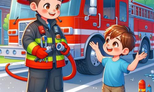 Un pompier pe nume Andrei se află în centrul imaginii, zâmbind cu mândrie. Poartă o uniformă roșie aprinsă, o cască strălucitoare și ține un furtun de incendiu în mâini. Fața lui este prietenoasă și hotărâtă, arătând entuziasmul său de a ajuta pe alții. Lângă el, un băiat de 8 ani, pe nume Alex, cu părul brunet și ochi strălucitori, îl privește pe Andrei cu admirație. Poartă un tricou albastru și o pereche de pantaloni scurți, ridicând brațele în aer, exprimându-și dorința de a deveni un erou ca pompierul. Pe fundal se află un mare camion de pompieri roșu, parcat pe o stradă însorită, cu copaci verzi și un cer albastru. Se pot vedea jucării de pompier împrăștiate în jurul lui Alex, adăugând o notă ludică scenei. Andrei îi explică lui Alex cum funcționează camionul de pompieri, în timp ce râd împreună, ilustrând prietenia și curajul.