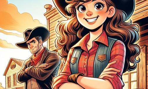 Clara, uma jovem cowgirl com cabelos castanhos ondulados, usa um chapéu de cowboy gasto e uma camisa xadrez vermelha. Seu rosto expressa determinação alegre, com um grande sorriso e olhos brilhantes. Ela se posiciona orgulhosamente, com os punhos na cintura, em frente a um saloon de madeira. Jake, um homem de cerca de trinta anos com um grande chapéu preto e um casaco de couro, está ao seu lado. Ele tem um olhar admirativo, com os braços cruzados, e parece pronto para ouvir sua história. O saloon está localizado em uma pequena cidade do Velho Oeste, com paredes de madeira envelhecida, janelas com persianas e uma placa de madeira desgastada. O sol se põe no horizonte, projetando sombras douradas no chão empoeirado. A cena principal mostra Clara, triunfante, após desafiar os cowboys do saloon, cercada por uma multidão entusiasmada que aplaude sua bravura. Os rostos dos espectadores estão maravilhados, e a atmosfera é cheia de alegria e excitação.