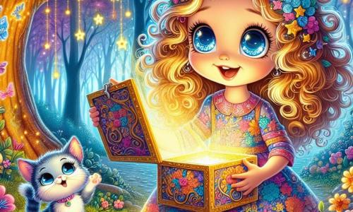 O fetiță de 6 ani, Liana, cu părul buclat și auriu, ochi mari și curioși, stă în centrul imaginii. Ea poartă o rochie colorată cu motive florale și stele strălucitoare. Fața ei exprimă uimire și bucurie în timp ce descoperă o cutie magică misterioasă care strălucește. Lângă ea, o pisicuță albastră numită Miska, cu un zâmbet jucăuș, o privește cu afecțiune. Decorul este o pădure fermecată, plină de copaci măreți și flori luminoase care dansează în jur. Liana, fascinată, deschide cutia magică, iar lumini strălucitoare ies din interior, dezvăluind o hartă misterioasă pentru o aventură incredibilă.