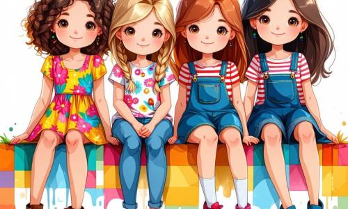 Vier Mädchen, Carlotta (10 Jahre, lockige braune Haare, trägt ein buntes Kleid), Emma (10 Jahre, blonde Zöpfe, trägt ein T-Shirt mit Blumenmuster), Lilli (10 Jahre, glatte schwarze Haare, trägt Shorts und ein gestreiftes T-Shirt) und Nora (10 Jahre, lockige rote Haare, trägt eine Latzhose), sitzen auf einer großen, bunten Karodecke in einer verzauberten Lichtung. Um sie herum tanzen lächelnde Blumen im Takt einer unsichtbaren Musik, während im Hintergrund ein großer Zuckerstangenbaum mit funkelnden Süßigkeiten beladenen Ästen steht. Neben ihnen streckt sich ein Snoozier, eine kissenähnliche Kreatur mit Ohren, faul und mit einem träumerischen Lächeln. Die Mädchen genießen bunte Leckereien, lachen und plaudern über ihre Abenteuer im Fantasiewald, während eine kleine, bonbonförmige Wolke über ihnen schwebt und sanftes, magisches Licht auf die Szene wirft.