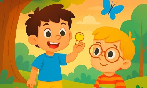Hay 2 personajes principales: Tomás, un niño de 7 años con cabello castaño desordenado y ojos brillantes, que lleva una camiseta azul y un pantalón corto amarillo, sonriendo y sosteniendo una moneda brillante; y Simón, un niño de 6 años con cabello rubio y gafas redondas, que viste una camisa a rayas coloridas y pantalones beige, sentado en la hierba mirando a Tomás con curiosidad. La escena se desarrolla en un parque verde, iluminado por la luz dorada del sol poniente, rodeado de árboles majestuosos y flores coloridas. La historia muestra a Tomás y Simón conversando alegremente bajo un gran árbol, explorando el misterio de su moneda mágica, compartiendo risas y pensamientos, mientras una mariposa azul vuela alrededor, añadiendo un toque de magia a su amistad.