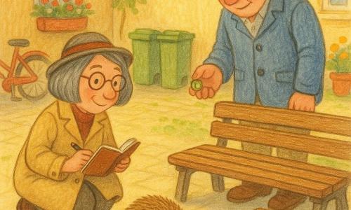 Eine mittelalte Detektivin mit kinnlangem grauem Haar, runden Brillen und beigem Mantel kniet, hält ein kleines geöffnetes Notizbuch und einen Stift, wirkt aufmerksam und wohlwollend; ein schüchterner Nachbar von etwa 60 Jahren in zerknitterter blauer Jacke, mit rotem verlegenen Gesicht, steht am abgenutzten Holzbänkchen und hält einen kleinen grünen Knopf; das kleine Igelchen Knusper, rund mit weichen braunen Stacheln und spitzem Rüssel, frisst ein halbes Brötchen auf dem gepflasterten Boden neben einer Holzkiste mit Stroh; Schauplatz: heller Innenhof am Morgen mit Mülltonnen, an eine Wand gelehntem Fahrrad und bunten Blumentöpfen, goldenem Licht und weichen Schatten; Hauptszene: die Detektivin entdeckt den Igel unter der Bank, der Nachbar gesteht, Brot gegeben zu haben, ruhige Gesten — eine Hand reicht eine kleine Wasserschale und eine Kiste mit Stroh; visueller Stil: Buntstiftstriche, weiche texturierte Konturen, warme Farbpalette (Gelb, Braun, Grün, sanftes Rot), kindlich-expressive Details, beruhigende leichte Stimmung.