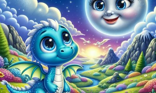 Un piccolo draghetto di nome Blu, con squame blu scintillanti e grandi occhi curiosi, si trova al centro della scena, con le ali spiegate, pronto a volare, mostrando un'espressione determinata ed entusiasta. Alla sua destra, la grande Luna d’Argento, una luna sorridente con un volto dolce e raggi argentati, fluttua nel cielo stellato, guardando Blu con benevolenza e incoraggiamento. Lo sfondo è la magnifica Valle delle Nuvole, piena di dolci colline coperte di fiori colorati e nuvole soffici che fluttuano, creando un'atmosfera magica. Blu è pronto per l'avventura, guardando verso l'orizzonte dove una luce misteriosa brilla in lontananza, simboleggiando la ricerca della Luce Magica.