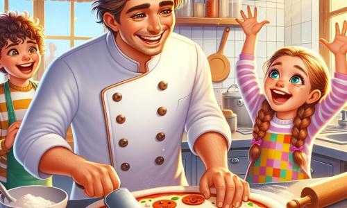 Un cuoco, un uomo alto e robusto con un cappello bianco e un grembiule da cucina, sorride allegramente mentre prepara una grande pizza decorata con volti divertenti. I suoi capelli castani sono leggermente arruffati e i suoi occhi brillano di felicità mentre mostra ai bambini come stendere la pasta. Accanto a lui, Sofia, una bambina di 8 anni con due trecce e un grembiule colorato, alza le mani per stendere la pasta con entusiasmo. Ha un grande sorriso sul viso, piena di energia ed eccitazione. Luca, un ragazzo di 9 anni con i capelli ricci, si trova proprio dietro di lei, tenendo un piatto di pomodori freschi pronti da aggiungere alla pizza, con gli occhi che brillano di attesa. La scena si svolge nella cucina del ristorante 