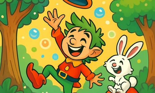 Un follet gioioso di nome Trombetto, con un grande sorriso splendente, indossa un cappello a righe multicolori e delle scarpe che fanno 'puf' ad ogni salto. Ha capelli arruffati di colore verde e occhi scintillanti di malizia, mentre cerca di afferrare il suo cappello che vola sopra di lui, circondato da bolle luccicanti. Vicino a lui, un Coniglio Capovolto, un piccolo coniglio dalle grandi orecchie e pelliccia bianca, salta all'indietro con un'espressione divertita, ridendo delle situazioni buffe. È seduto su un fungo rosso a pois bianchi, osservando Trombetto con curiosità. La scena si svolge nella magica Foresta Frizzantina, dove gli alberi sono alti e folti, le loro foglie brillano di mille colori, e i funghi danzano sul terreno, creando un'atmosfera gioiosa e giocosa. Trombetto cerca di riprendere il suo cappello volato verso la cima dell'Albero Fricicorio, famoso per i suoi frutti che esplodono in risate, mentre bolle colorate fluttuano attorno a loro, aggiungendo un tocco di magia a questa avventura esilarante.