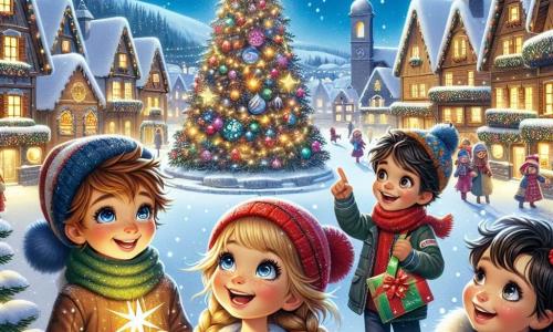In una scena magica di Natale, quattro bambini si trovano al centro di una pittoresca piazza di villaggio innevata. Luca, un ragazzo di 12 anni con i capelli castani e gli occhi brillanti, sorride entusiasta tenendo una stella luminosa in mano. Alla sua destra, Giulia, una ragazza di 12 anni con lunghi capelli biondi intrecciati e un berretto rosso, guarda con meraviglia le decorazioni scintillanti. A sinistra, Marco, un ragazzo di 12 anni con i capelli neri e occhiali rotondi, tiene un sacchetto pieno di dolci, mentre Samuele, un altro ragazzo di 12 anni con capelli castani e un sorriso malizioso, indica un grande albero di Natale illuminato al centro della piazza. Il luogo è circondato da case in legno decorate con luci e fiocchi di neve che cadono dolcemente. L'albero di Natale, maestoso, è adornato con palline colorate e una stella dorata in cima, mentre fiocchi di neve danzano nell'aria, creando un'atmosfera incantata. I bambini, meravigliati, stanno preparando un piano per ritrovare le stelle rubate, circondati dalla magia del Natale, con luci scintillanti e risate gioiose che riempiono l'aria.