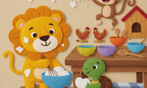 A golden-yellow lion with a round mane and smiling face stands on a small wooden stool whipping batter in a blue bowl, a light brown lively monkey grins from a branch above the table tossing a pinch of flour into the air, a gentle green turtle with a brown shell carefully holds two large white eggs beside the lion, two ruffled red hens peck near a small wooden coop in the background, all in a sunny outdoor kitchen with a rustic wooden table, colorful bowls and wooden spatulas, a checkered floor mat and a light cloud of flour, creating a warm, playful scene of joyful cake preparation.