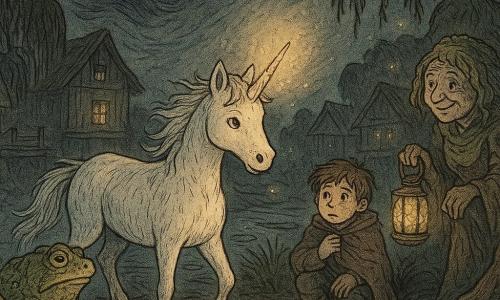 Eine kleine weiße Einhornstute namens Liriel mit sanftem Gesicht und entschlossenem Blick, leicht nasses Fell, Huf im schlammigen Boden, das dünne Horn sendet einen warm-goldenen Schimmer; sie steht ruhig und mutig im Wind. Ein alter massiger Kröterich mit warziger grüner Haut sitzt auf einem verwitterten Stegbrett und blickt weise krächzend zur Einhorn. Ein etwa achtjähriger Junge mit schlammigen Knien und zerzausten Haaren steht hinter einem Stelzenhaus, hält eine Decke und schaut besorgt, aber beruhigt zu Liriel. Eine alte Moorkoboldfrau mit kleinen zusammengekniffenen Augen und Mooshaaren steht bei einer Baumwurzel, lächelt sanft und hält eine Laterne aus Glimmlichtern. Ort: ein Moorweiler bei Dämmerung mit Stelzenhäusern, schwimmenden Seerosen, nassem Holzsteg bedeckt von Nebelperlen, hängenden Weiden und kleinen schwebenden Lichtern. Szene: Liriel steht zwischen einem aufgewühlten dunklen Wind und dem Dorf, ihr Horn wirft einen Lichtstrahl, der Glühwürmchen anzieht und das Chaos beruhigt; die Häuser zittern, die Bewohner beobachten ruhig.